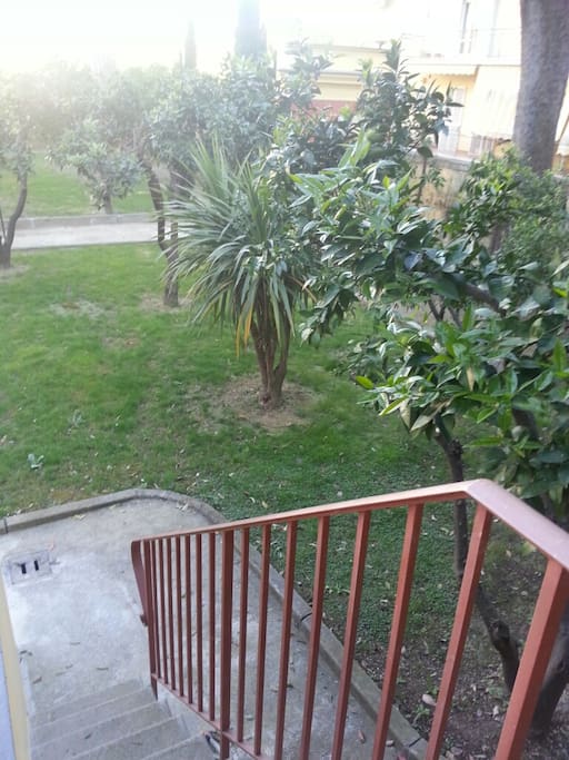 La scalinata di pochi gradini che conduce dal terrazzo della casetta al giardino