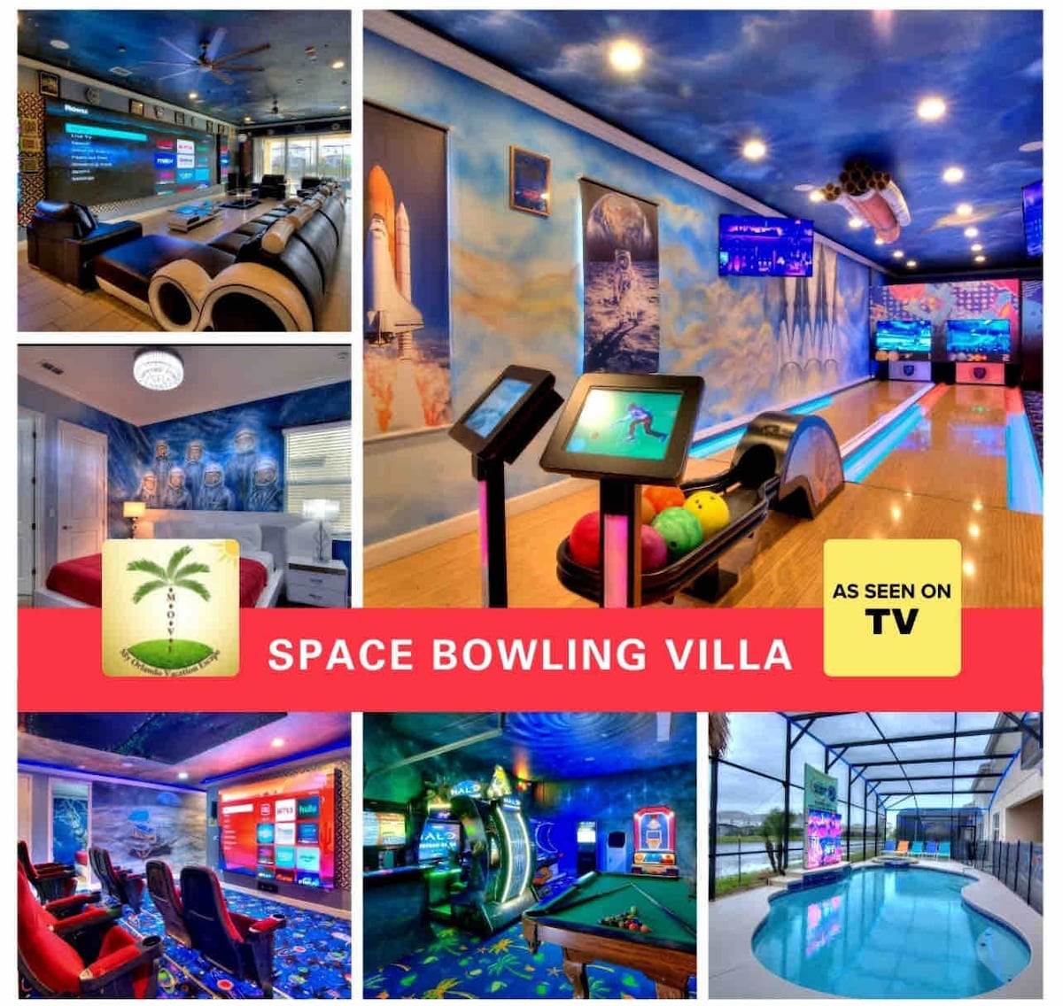 A collage showcases the vibrant features of the villa, including a two-lane bowling alley with colorful bowling balls, a private home theater with comfortable seating, and a pool area with a screened enclosure. Bright blue walls and space-themed decor create a playful atmosphere.