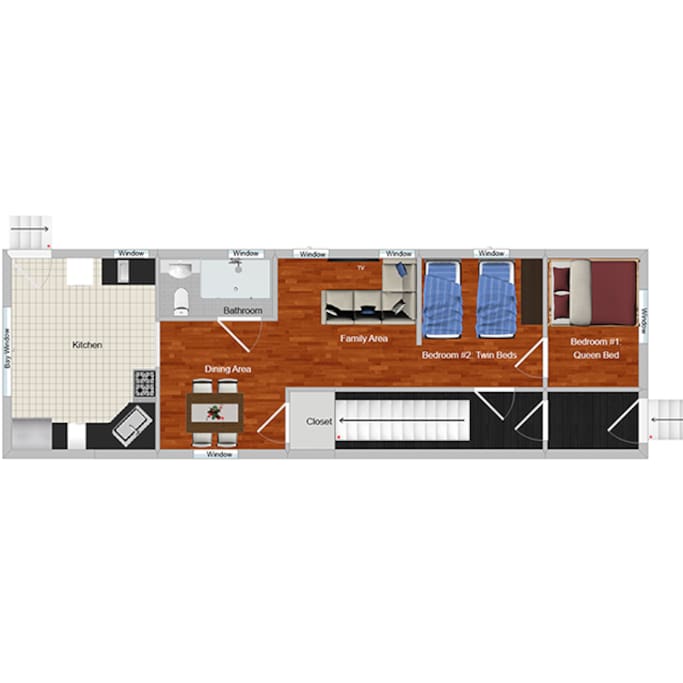 Floor Plan. Private apartment with both an entrance and exit.
