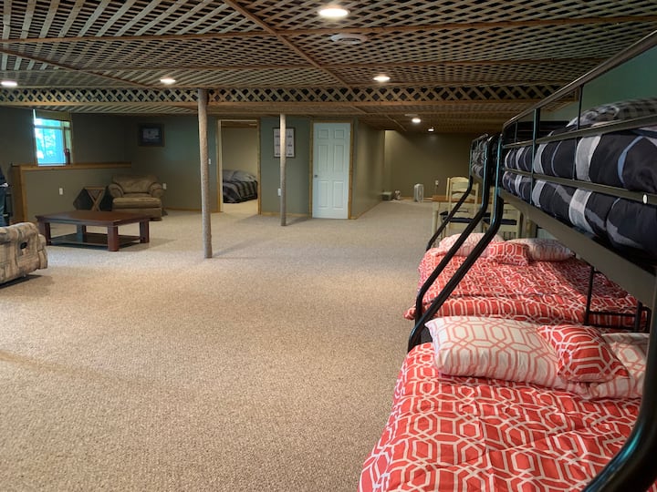 Basement, 3 bunk beds (full size on each bottom bunk, twin size on each top bunk