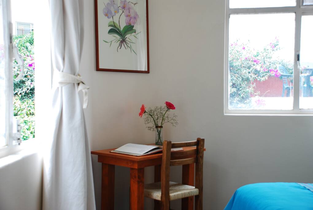 ORCHID BEDROOM -
Located at the second floor of the house, this room has 1 QUEEN SIZE BED. In addition to working desk and private bathroom with shower .