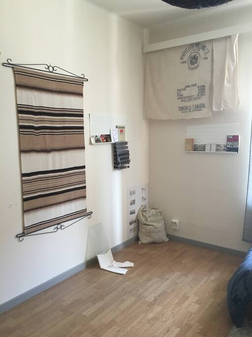 The room is huge - 17m2, you can spread out. There's a desk and a space to hang your clothes. There's a yoga mat you can use too.