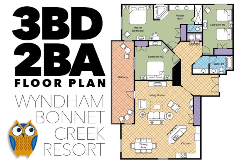 Floor Plan and Layout for 3 Bedroom Condo at Wyndham Bonnet Creek Resort in Orlando Florida