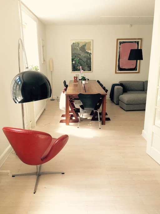 Large dining table in living room area