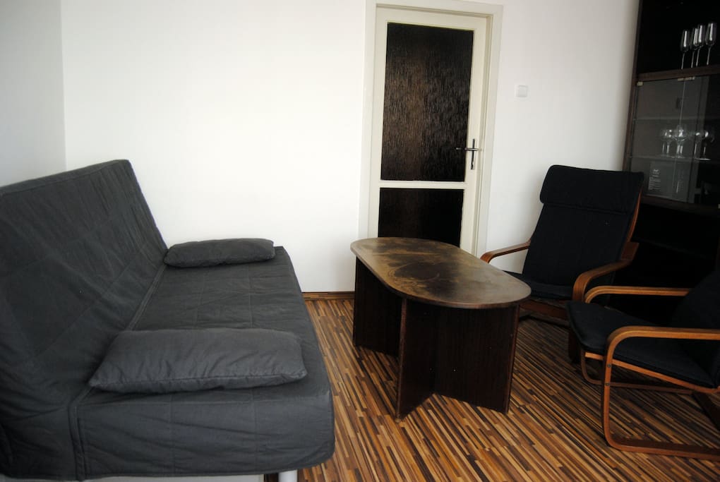 Living room with 140 cm wide sleeper sofa and TV