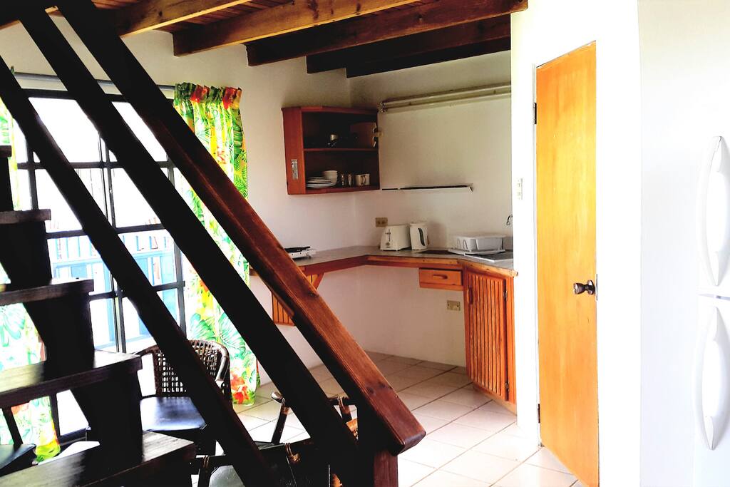 Kitchenette with fridge, microwave, cooker, toaster oven and kettle