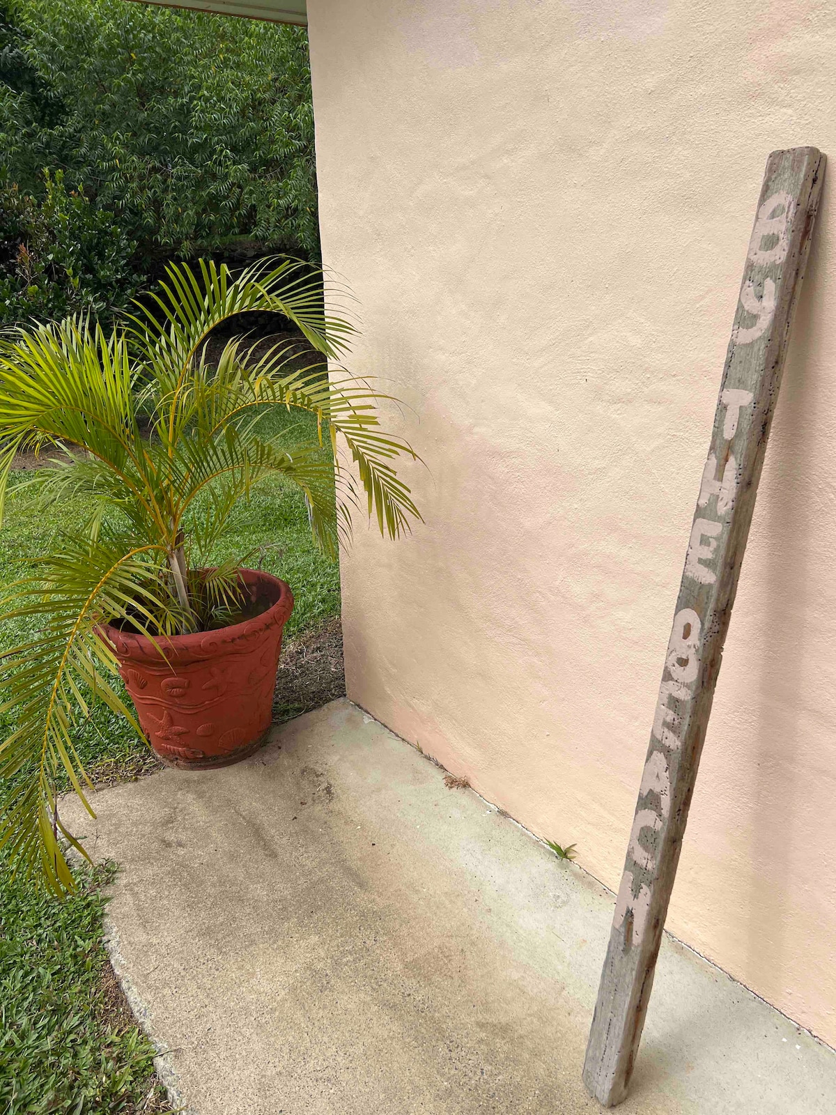 A wooden sign marked 'By the Beach' leans against a pale exterior wall. A potted palm with lush green fronds is positioned beside the sign. The surrounding area is manicured grass, contributing to a serene outdoor environment.
