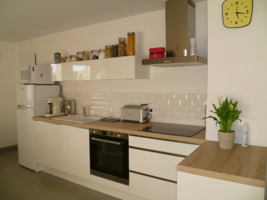 Cuisine aménagée et bien équipée ( Nespresso, grille pain, micro-onde, four, lave vaisselle, plaque vitro)