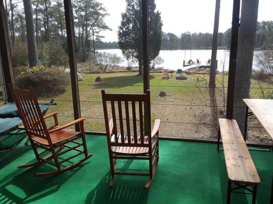 Relaxing on the back screened in porch