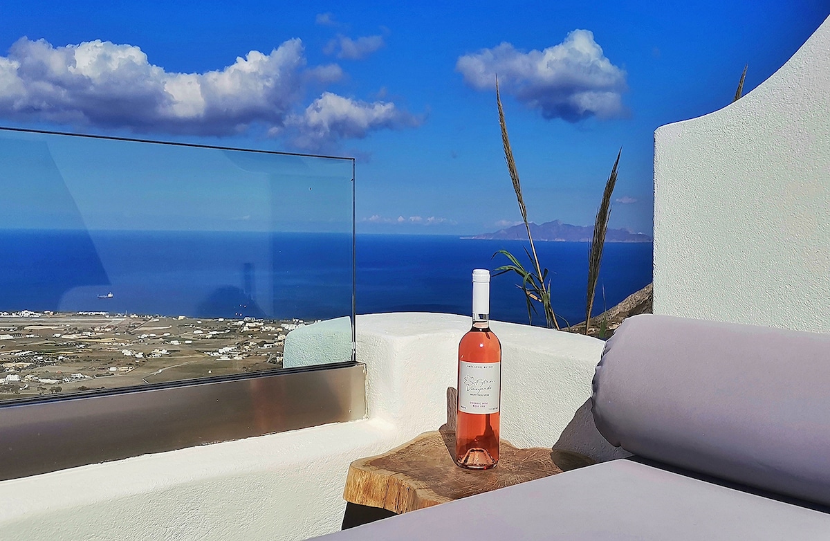 A bottle of rosé wine is placed on a wooden table beside a comfortable lounge area. A clear glass railing offers unobstructed views of the expansive sea and distant coastline, with scattered clouds against a vibrant blue sky.