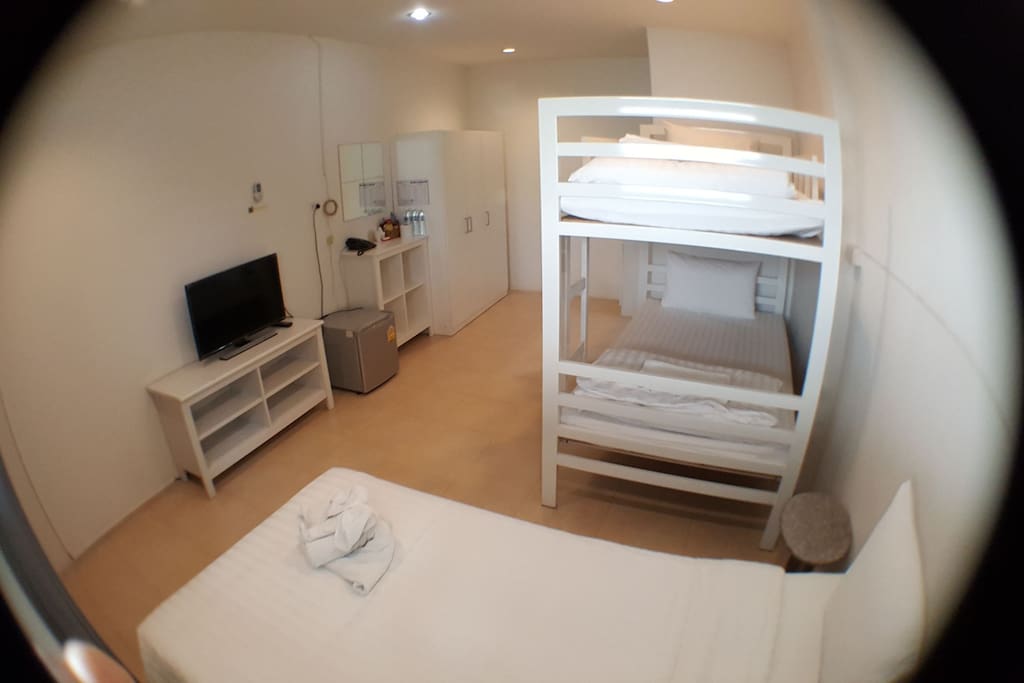 In room tv, frige, closet and safety box.