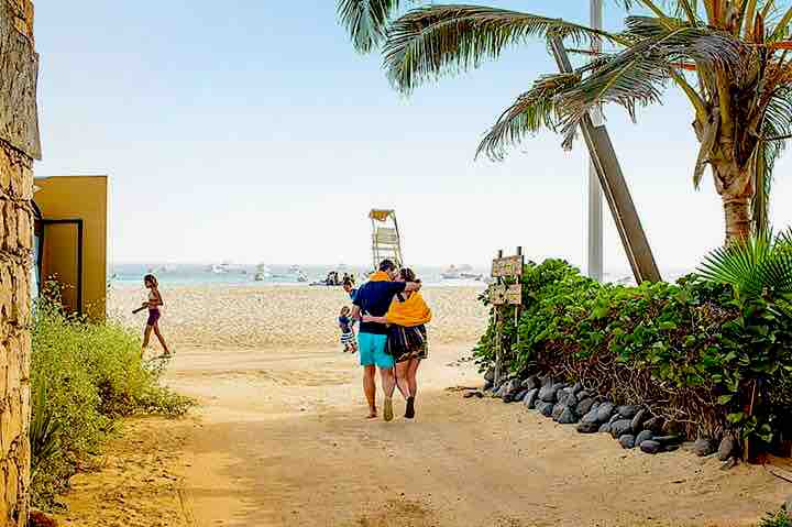 A sandy pathway leads to the beach, bordered by lush greenery and palm trees. In the distance, beachgoers can be seen enjoying the sun and water, while a lifeguard tower stands watch along the shoreline.