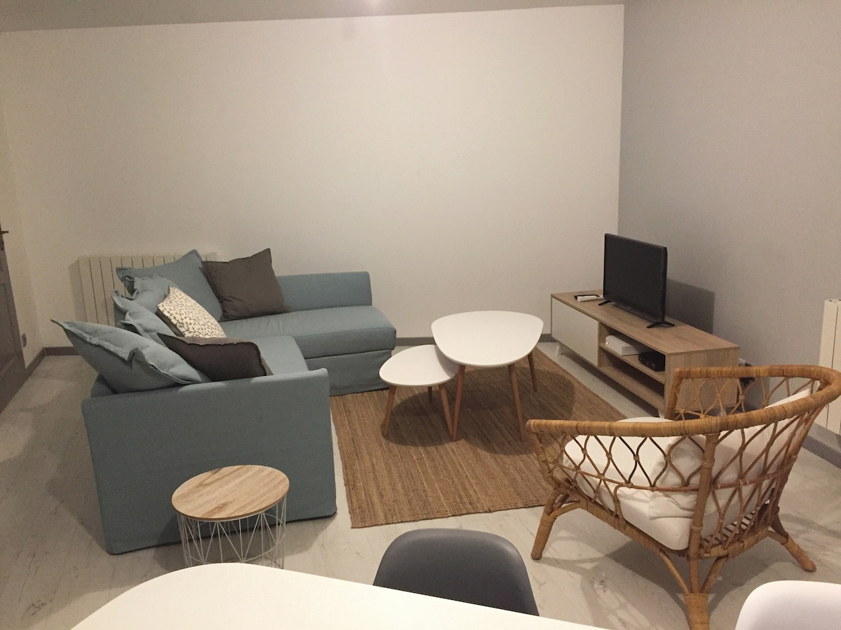 A comfortable living area features a soft blue sofa with decorative pillows, accompanied by a light wooden coffee table and a stylish wicker chair. A television is placed on a low wooden stand, while a natural fiber rug adds warmth to the space.