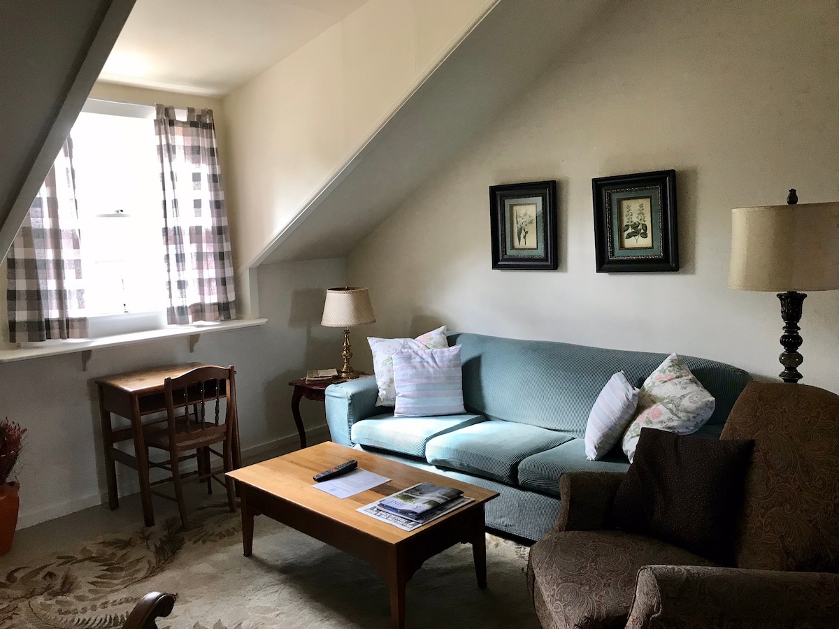 A compact living area is arranged with a light blue sofa, a patterned armchair, and a wooden coffee table. Natural light enters through a window with checked curtains. Framed art pieces are displayed on the wall, complementing the cozy atmosphere.