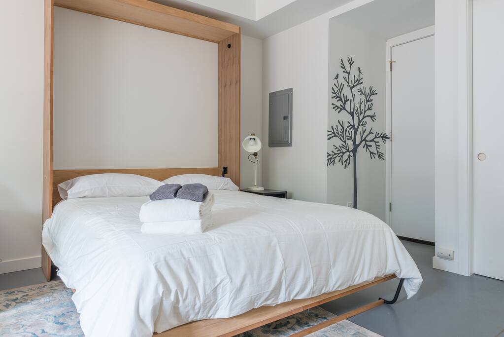 Comfortable Murphy bed folds up out of the way when not in use