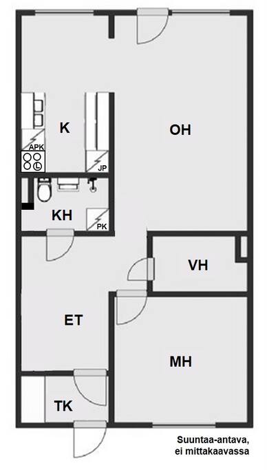 OH = living room,
MH = bedroom,
KH = bathroom,
VH = walk-in closet,
ET&TK = vestibule