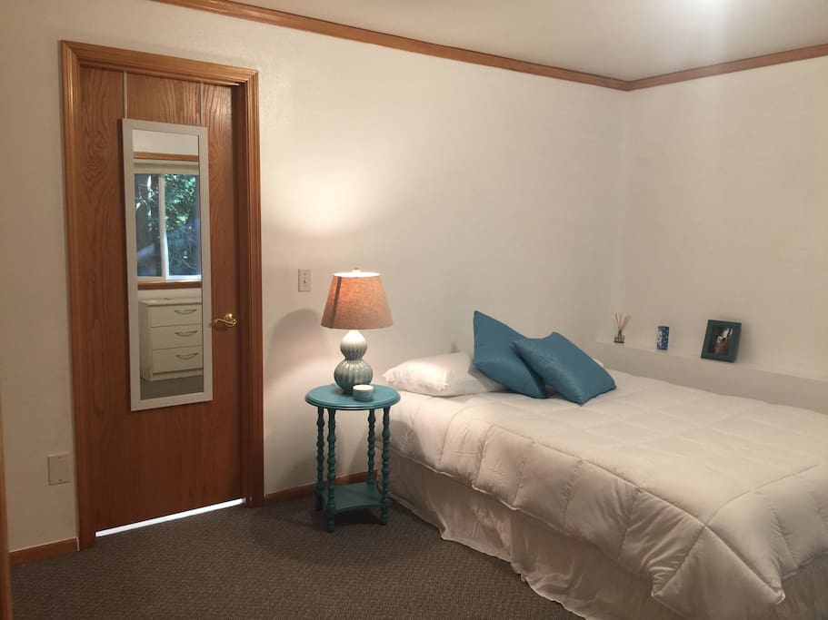 The room. Attached full bathroom.