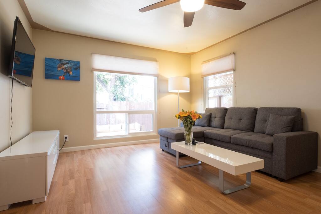 Living room with view to yard
