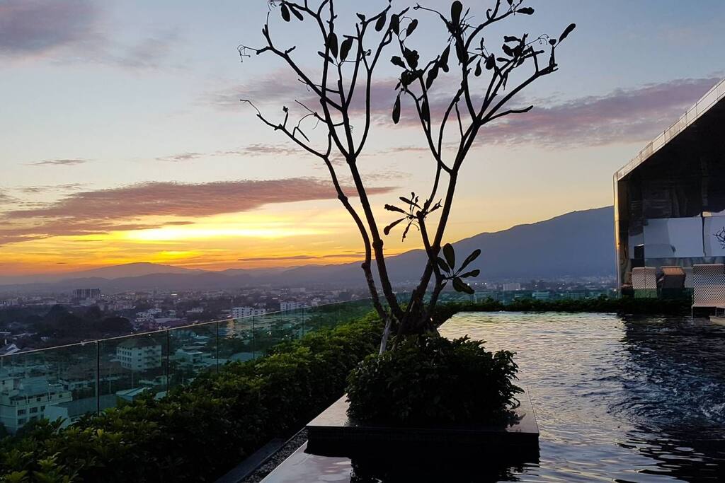 Sunset by the pool