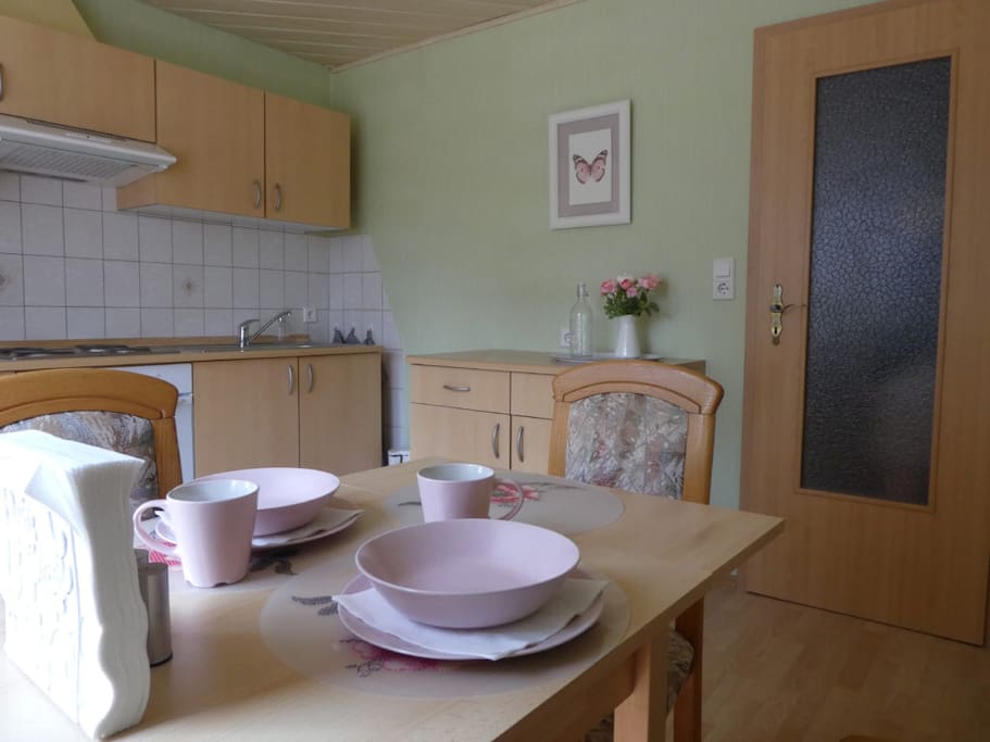 Ein großer Kühlschrank und eine Kochmöglichkeit sind vorhanden.