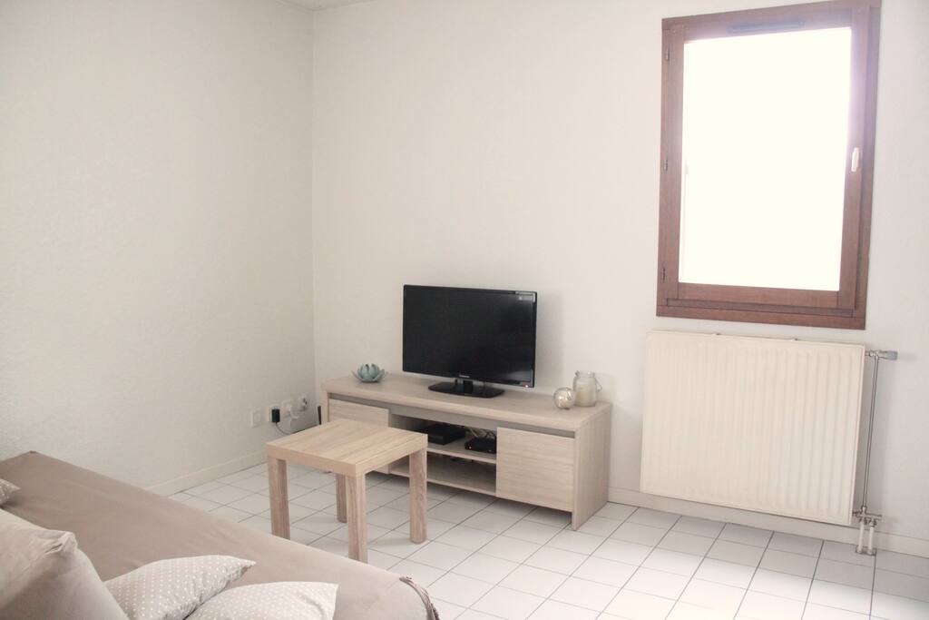 Salon avec télé et internet en wifi. Fenêtre exposée pleins sud.