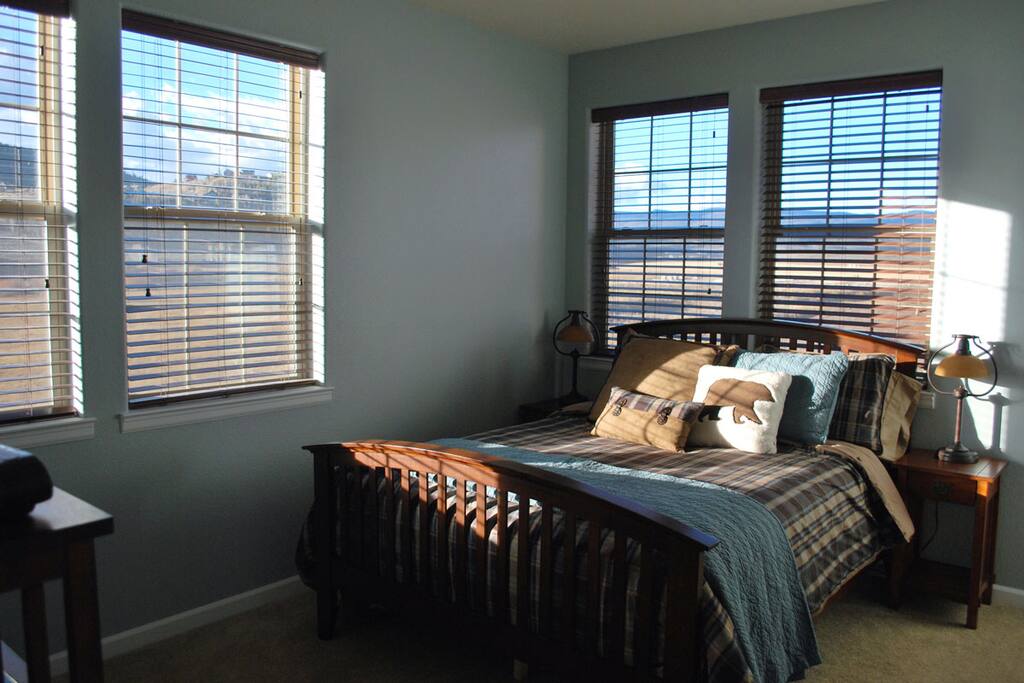 Master bedroom with queen bed, walk-in closet, sunshine and view of conservation meadow.