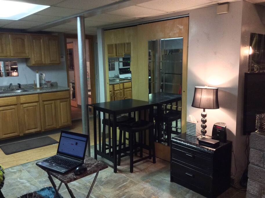 The dining/ living room area porcelain tile floor