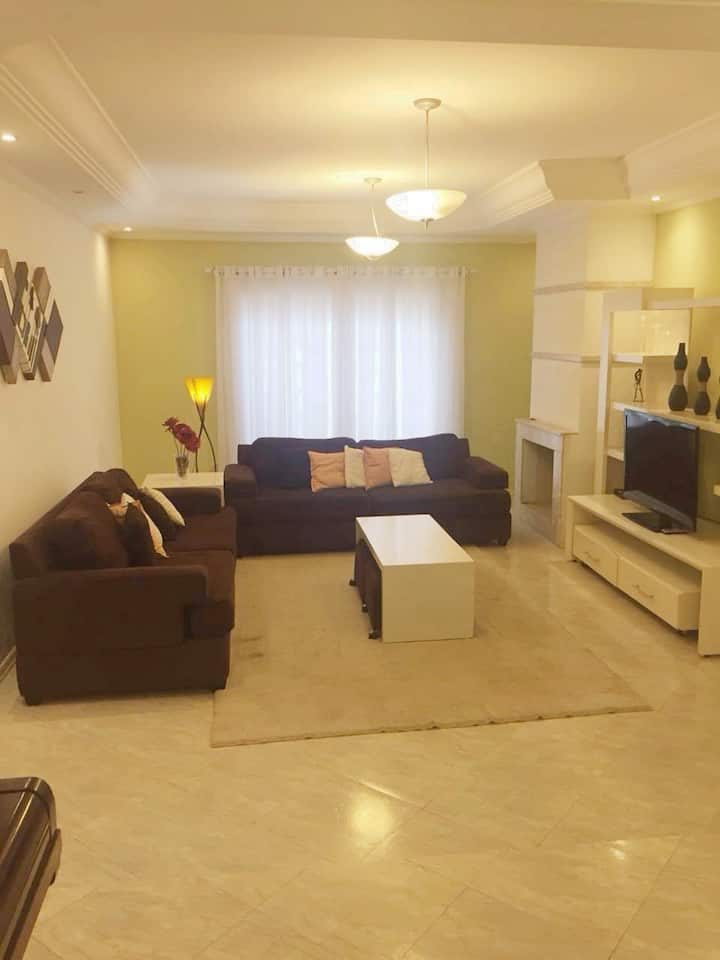 Living room with TV, fireplace, two sofas, coffee table and beanbags.