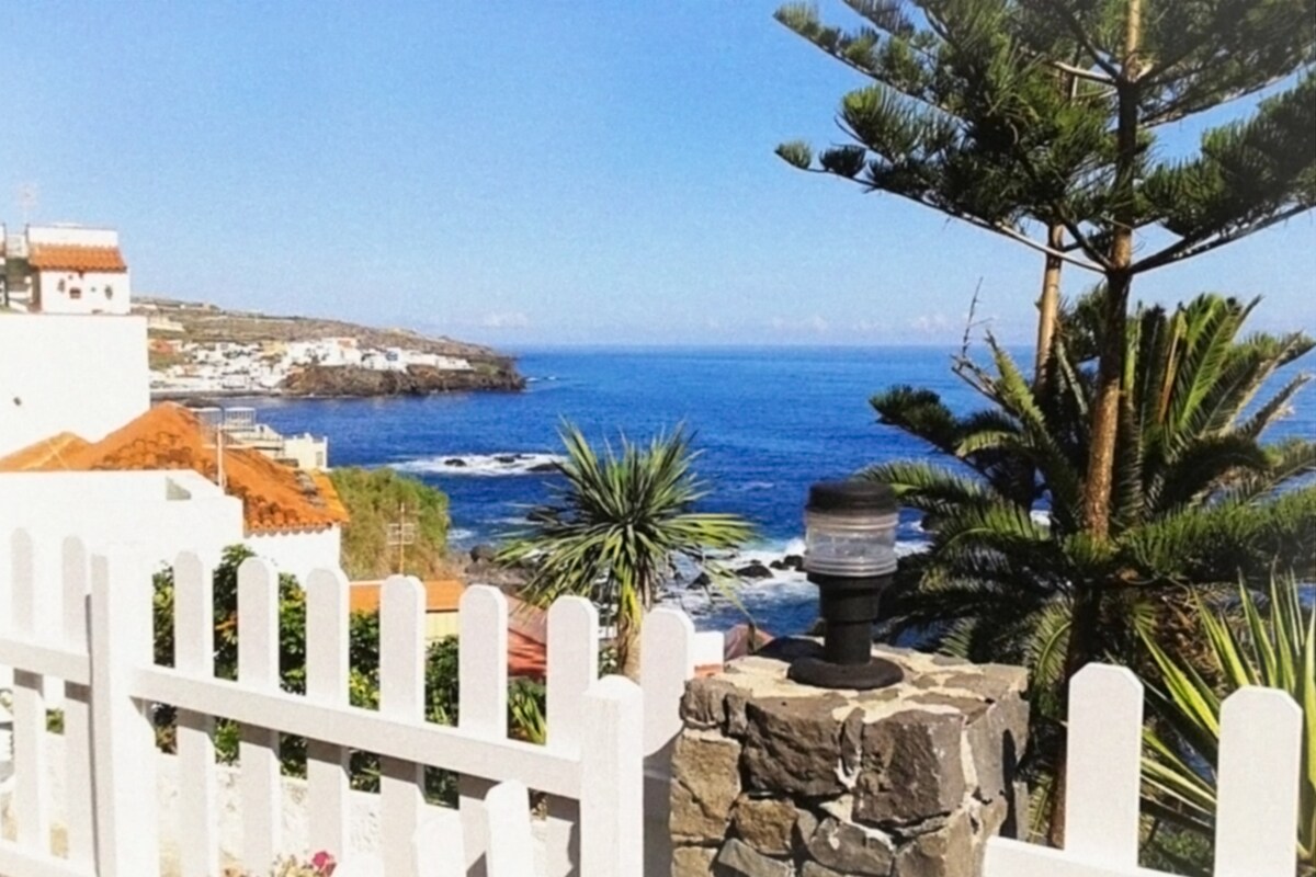 A view of the ocean is framed by a white picket fence and stone pillars. Coastal vegetation and palm trees are visible in the foreground, while charming houses dot the hillside in the background. The blue sea stretches to the horizon under a clear sky.