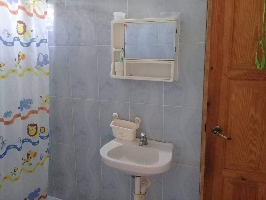 Baño privado, muy limpio, con ducha, lavamano e inodoro en excelente condiciones.