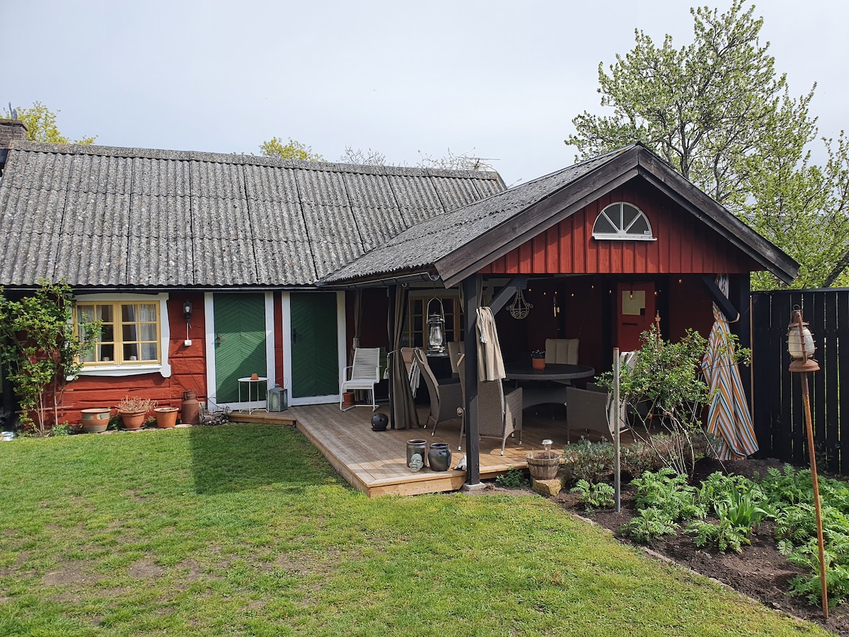 A charming timber cottage is depicted, featuring a sloping roof and a welcoming porch. The wooden deck is furnished with comfortable seating and shaded by a canopy. Lush greenery surrounds the area, with potted plants and a well-maintained garden adding to the serene outdoor atmosphere.