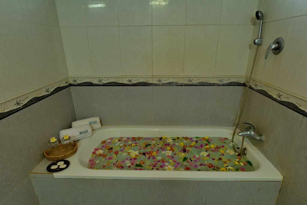 Private bathtub with hot and cold shower accompanied with sufficient amenities provided.