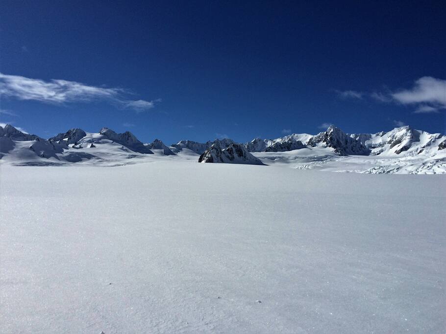 A private charter flight - the neve basin that feeds the Fox Glacier.