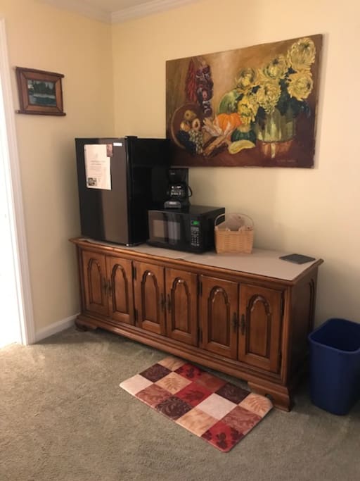 Mini fridge, microwave and coffee maker, filters provided.