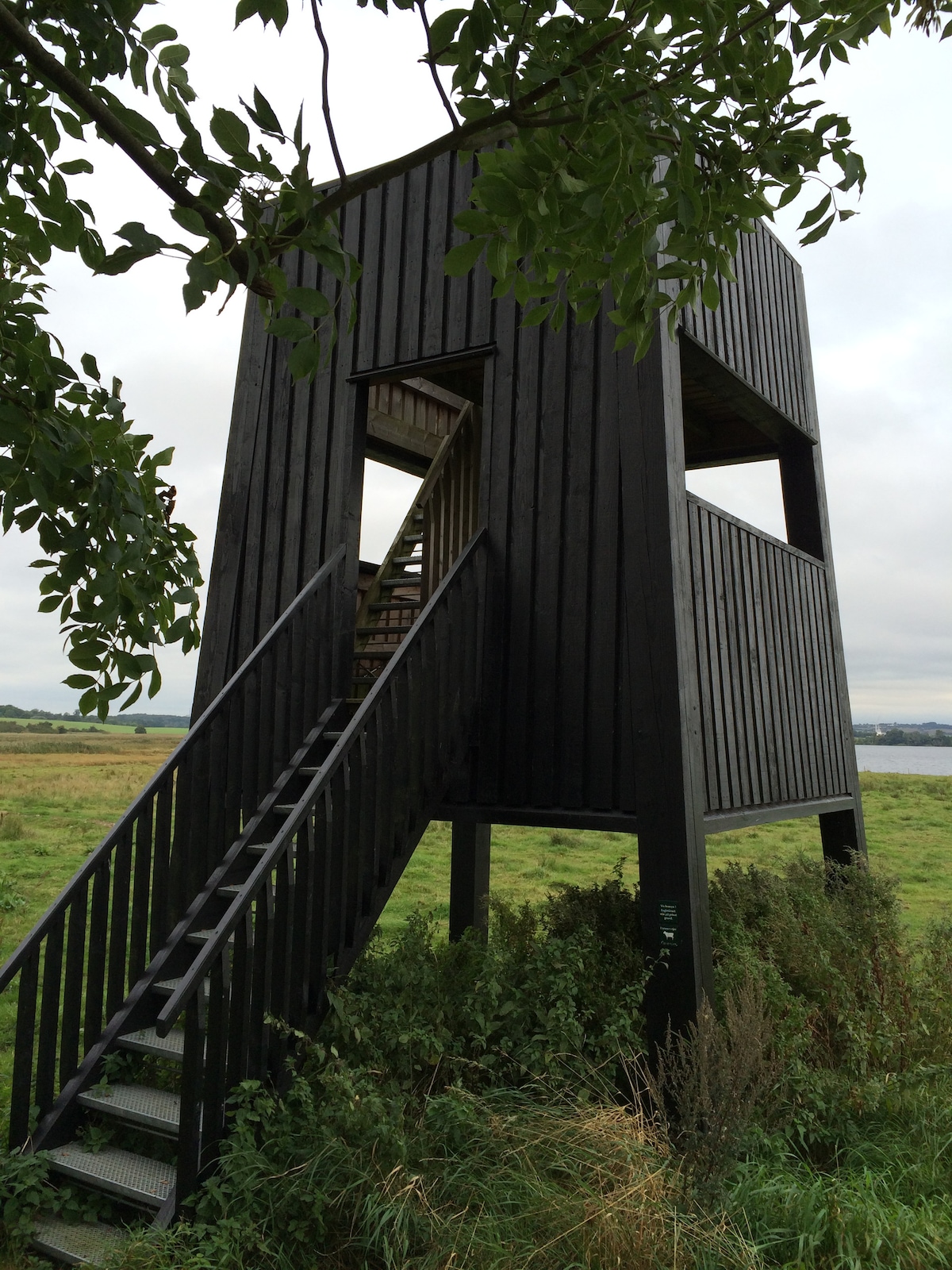 A lookout tower constructed from dark wood is observed amidst lush greenery. The structure features an open staircase leading to a platform with openings on multiple sides, providing views of the natural surroundings. Grass and plants frame the base, enhancing the outdoor setting.