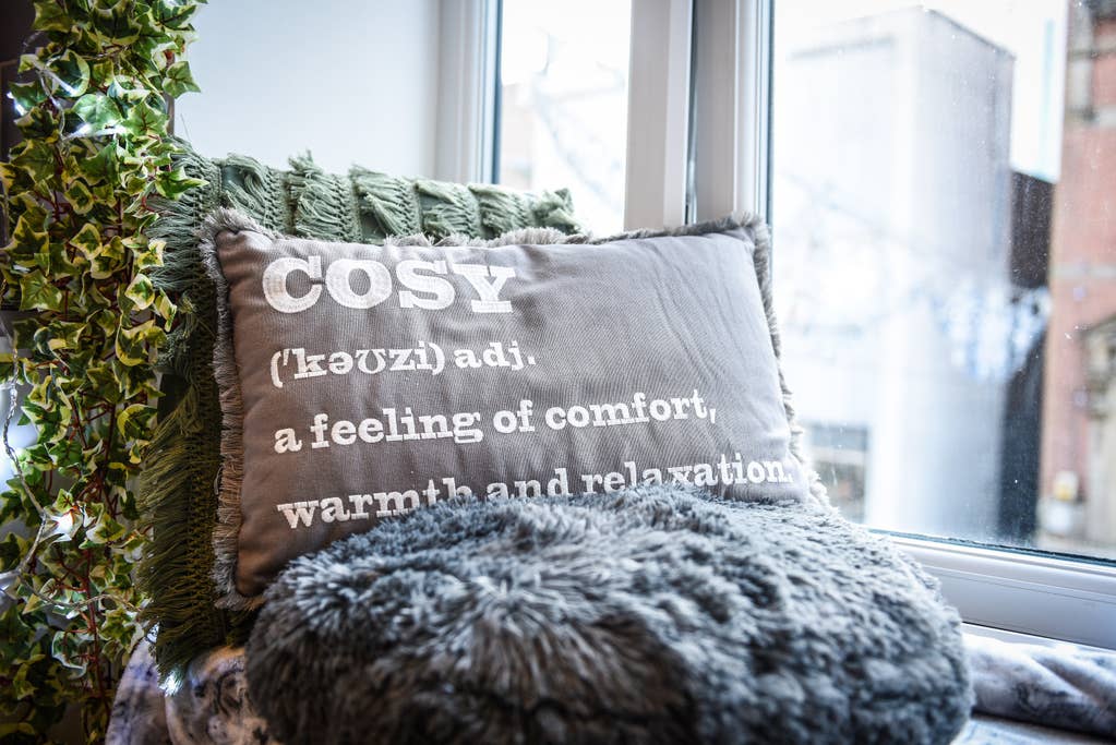 A corner seating area features plush cushions, including a decorative pillow with the definition of 'cosy' printed on it. Natural light filters through the nearby window, complemented by greenery along the frame.