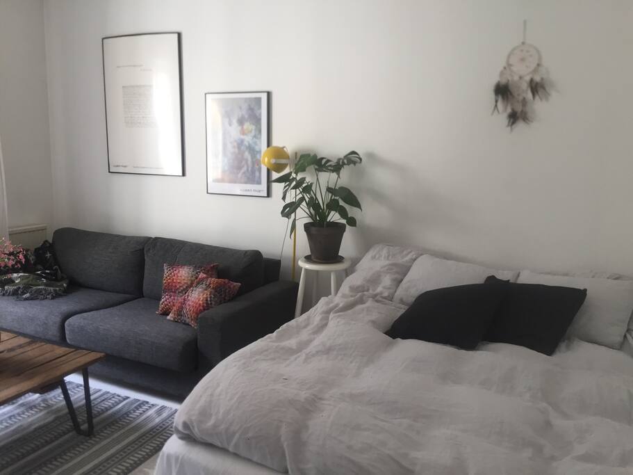 King size bed, 160cm wide. One can sleep on the sofa, too.