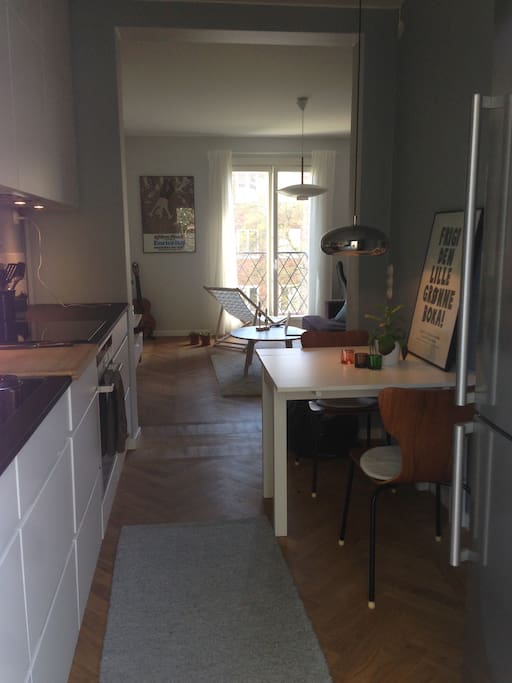 Kitchen and living room, view from the balcony door.