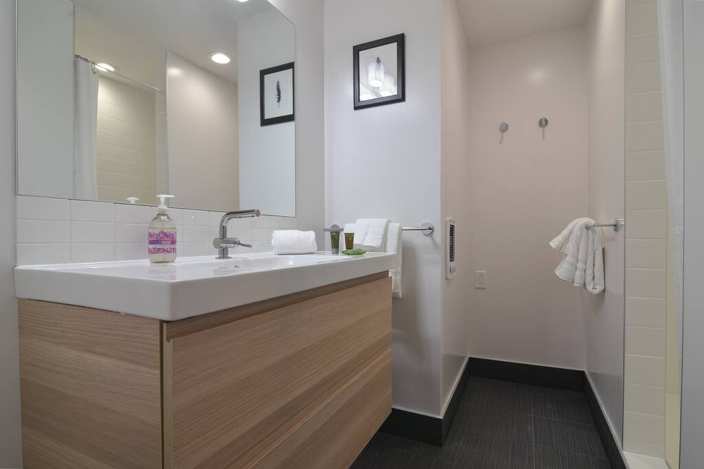 Get ready for the day in the new bathroom.
