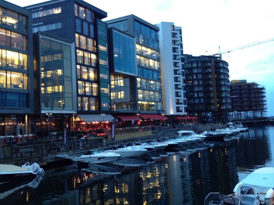 Restaurants and Bars alongside the canal. the apartment at the right end