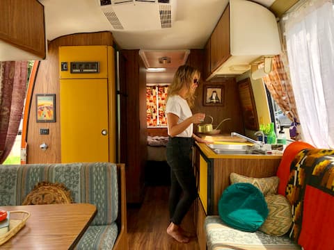 70s City Glamping RV By Lake, Unique Boho Retreat