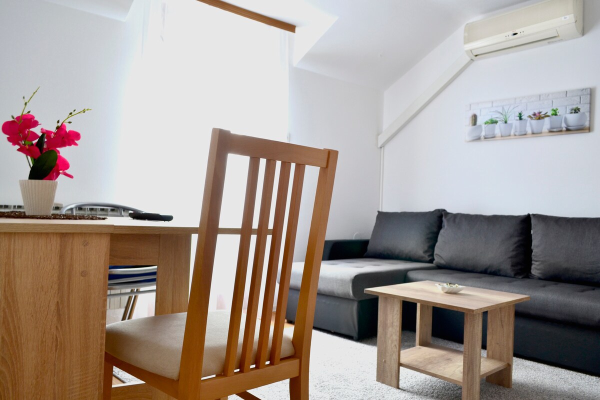 A bright common area is featured, showcasing a wooden dining table with a floral centerpiece and a chair. A dark sofa is positioned against the wall, complemented by a small coffee table. Natural light flows in through a window, adding to the inviting ambiance.