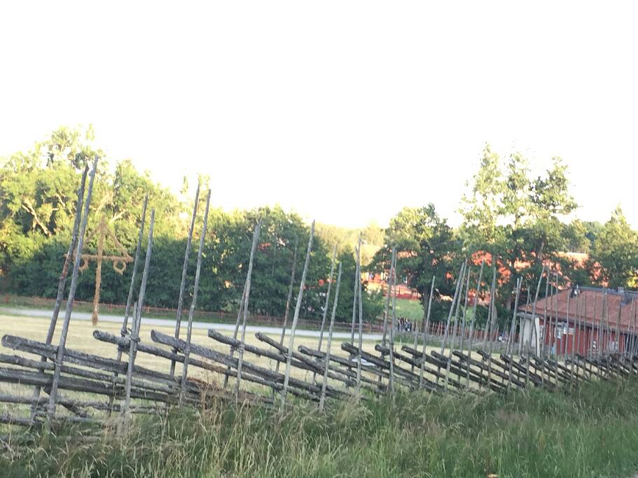Tyresta by - vy från huvudvägen. På ängen firas midsommarafton. View from the road. Midsummer's Eve is celebrated with swedish traditional dancing around the maypole on the meadow.