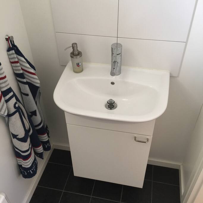 Toalett och tvättfat i stugan.