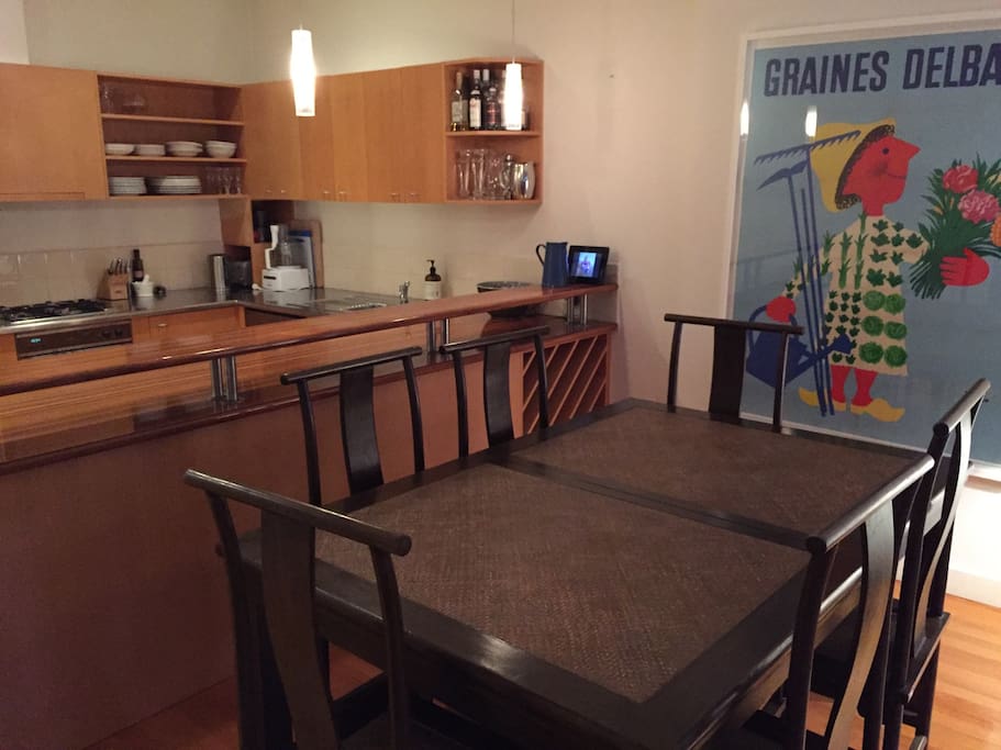 Dining table extends to seat eight people.
