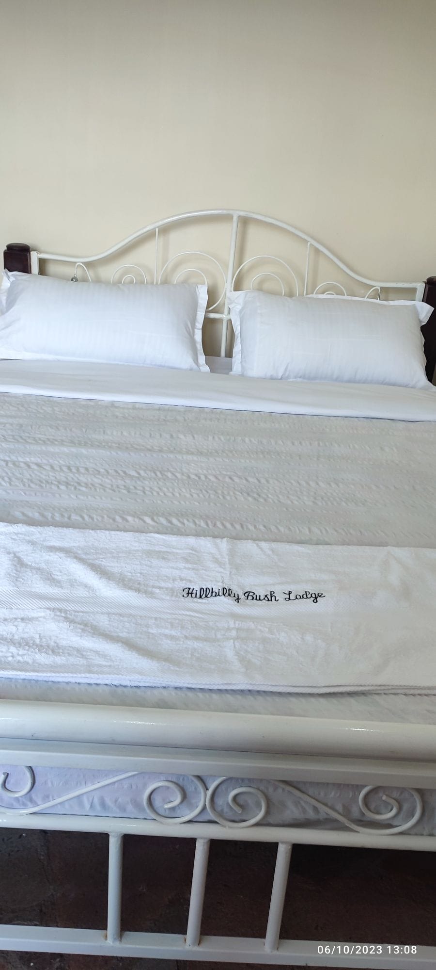A well-maintained bed is showcased, featuring a white duvet and crisp white pillows. The headboard is elegantly designed in a light metallic finish, complementing the neutral wall behind. Soft natural light gently brightens the room, emphasizing the calm simplicity of the sleeping area.