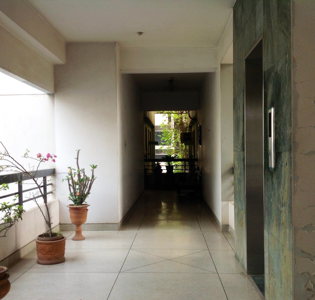 A well-lit corridor is visible, featuring smooth, light tile flooring and white walls. Potted plants add a touch of greenery on either side. An elevator is positioned to the right, while a distant view of an outdoor space with trees can be seen through the corridor.