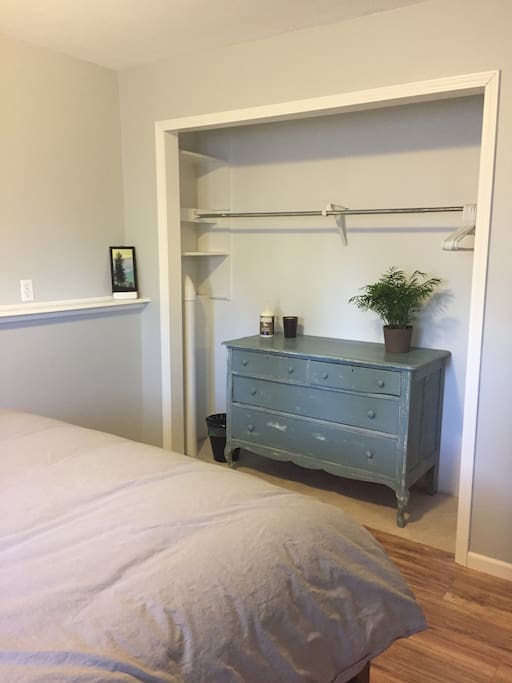 Dresser + closet space for hanging things.