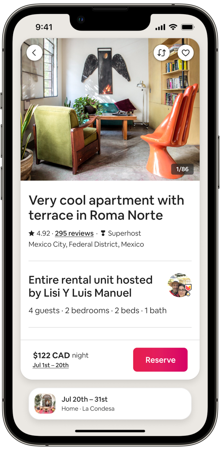 The screen of a cell phone shows an image of the Roma Norte stay, plus relevant booking information. At the bottom of the screen, there’s a button inviting the guest to “Reserve.”