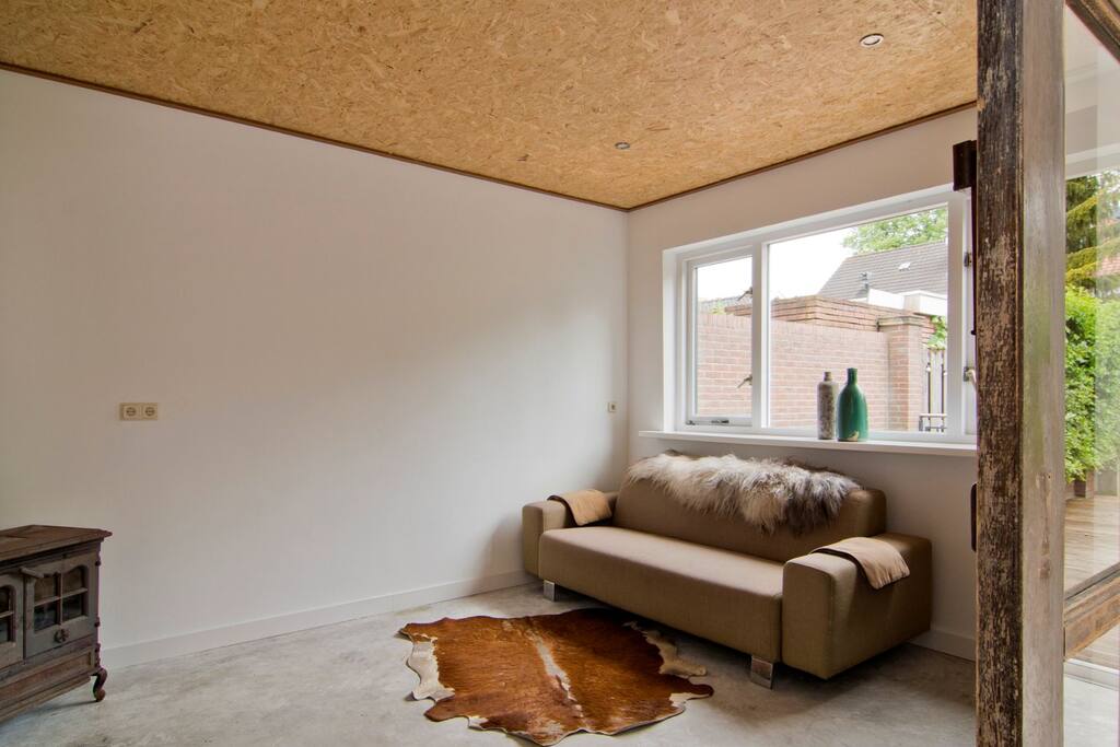 Woonkamer met openhaard en bank